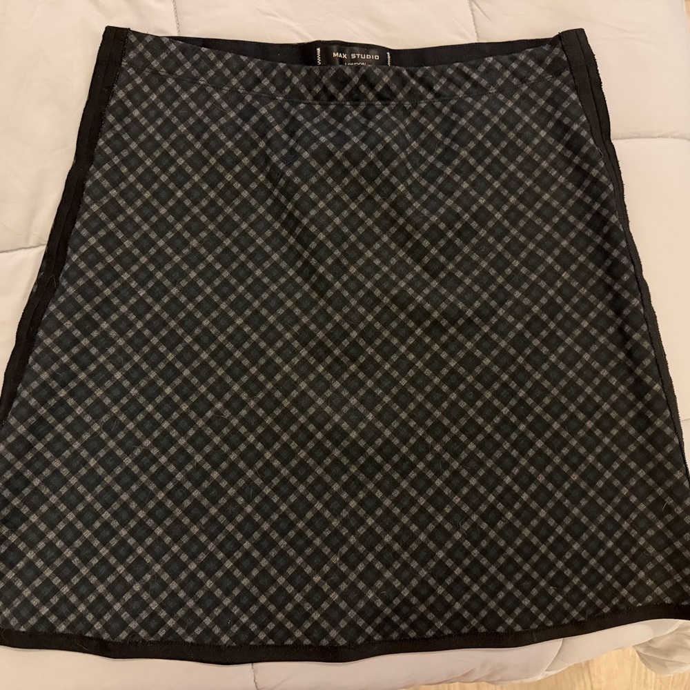 Max Studio Black Plaid A-Line Skirt with Subtle Blue Check